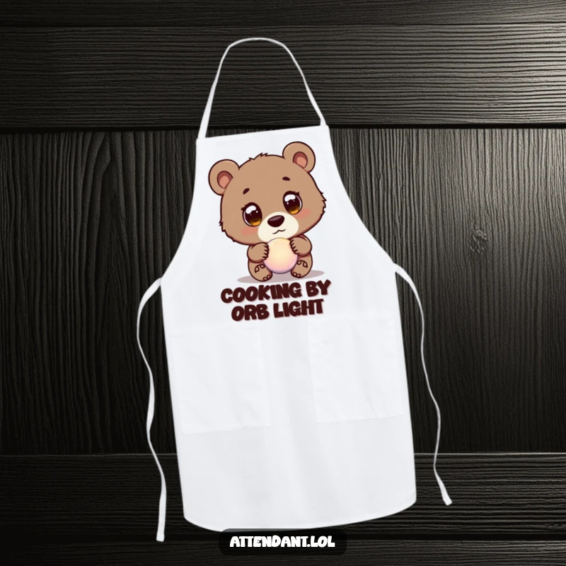 Funny Bear Cub Apron: A curious bear cub with wide eyes guides a glowing orb, a humorous and practical kitchen accessory.