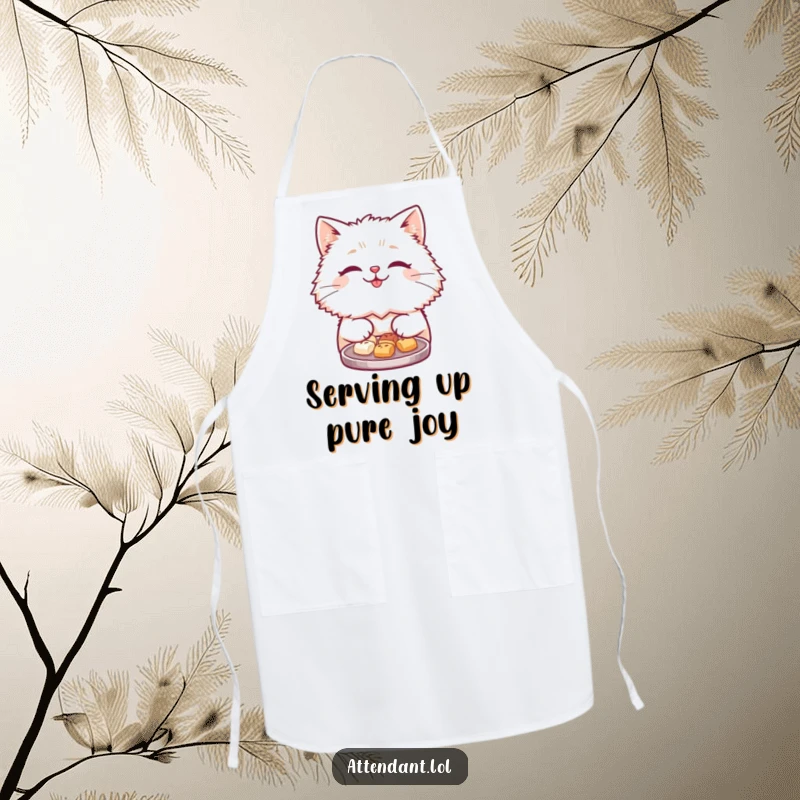 Funny apron showing a cute, fluffy cat with a chef's hat offering a tray of delicious tiny treats with a smile.