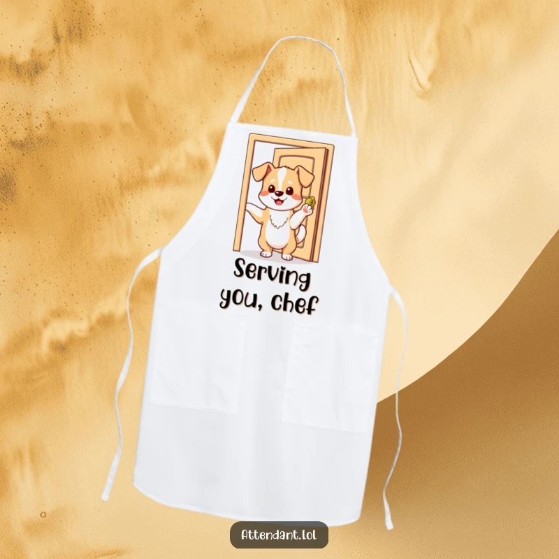 Funny apron showing a playful dog holding a door open with its paw, tail wagging.