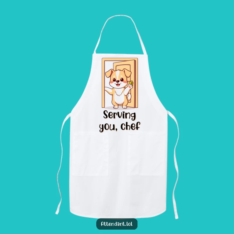 Funny Dog Apron: Playful Pup Chef Holding Door, Kitchen Welcome, Perfect Funny Gift