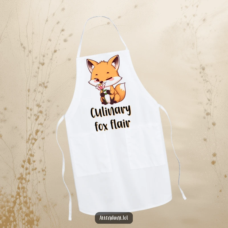 Funny Fox Apron: A playful fox with a sly grin presents a flower, a humorous and practical kitchen accessory.