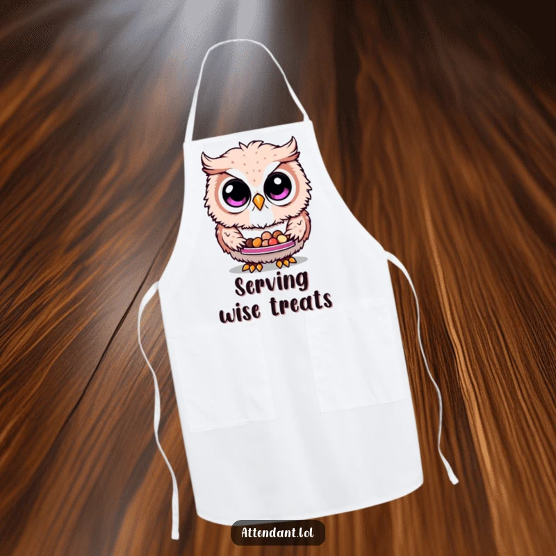 Funny Owl Apron: A fluffy owl with curious eyes holds a tray of treats, making this a humorous and practical kitchen accessory.
