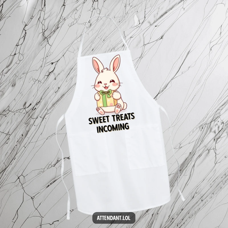 Funny apron showing a cheerful rabbit with its ears up, presenting a beautifully wrapped gift.