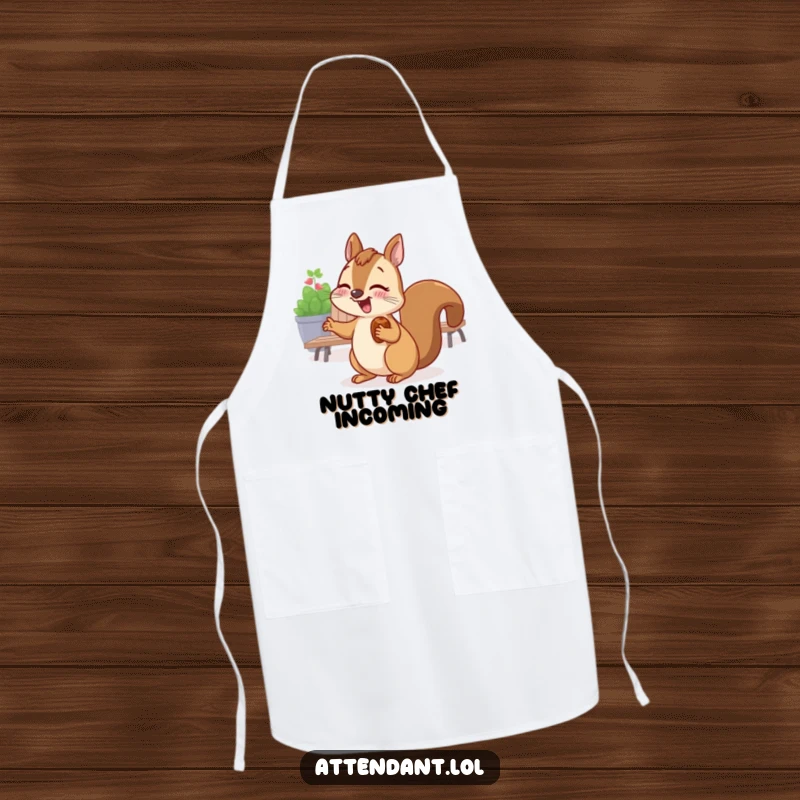 Funny apron showing a giggling squirrel with a nut in its cheek, gesturing towards a seating area.