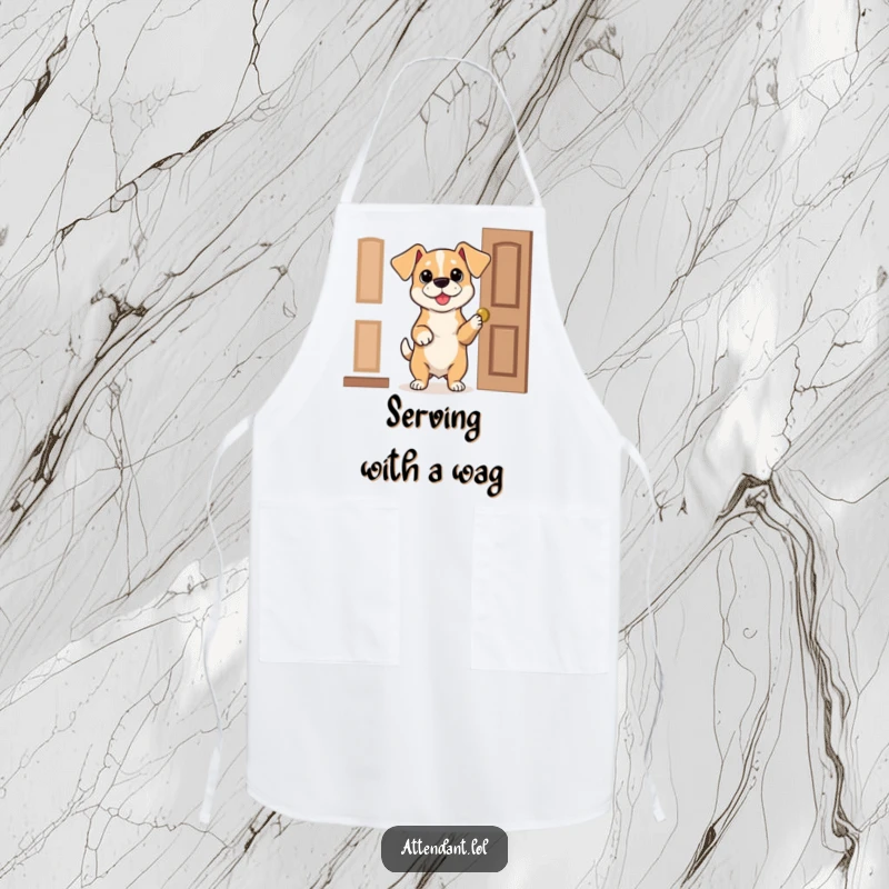 Funny Dog Apron: A bouncy dog with floppy ears politely holds a door open, a humorous and practical kitchen accessory.