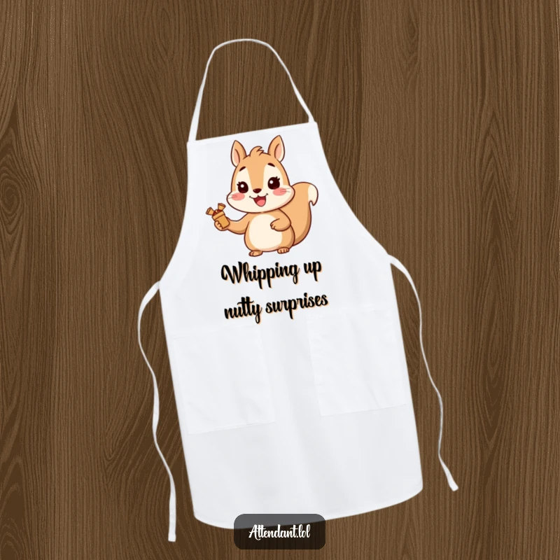 Funny Squirrel Apron: A cheerful squirrel with a bright smile holds out small wrapped gifts, a humorous and practical kitchen accessory.