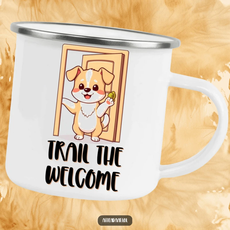 Funny camping mug with a playful dog holding an open door with its paw, tail wagging.