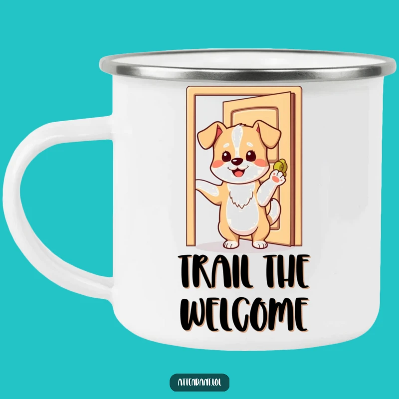 Funny Dog Camping Mug: Playful Pup Holding Door, Outdoor Welcome, Perfect Funny Gift