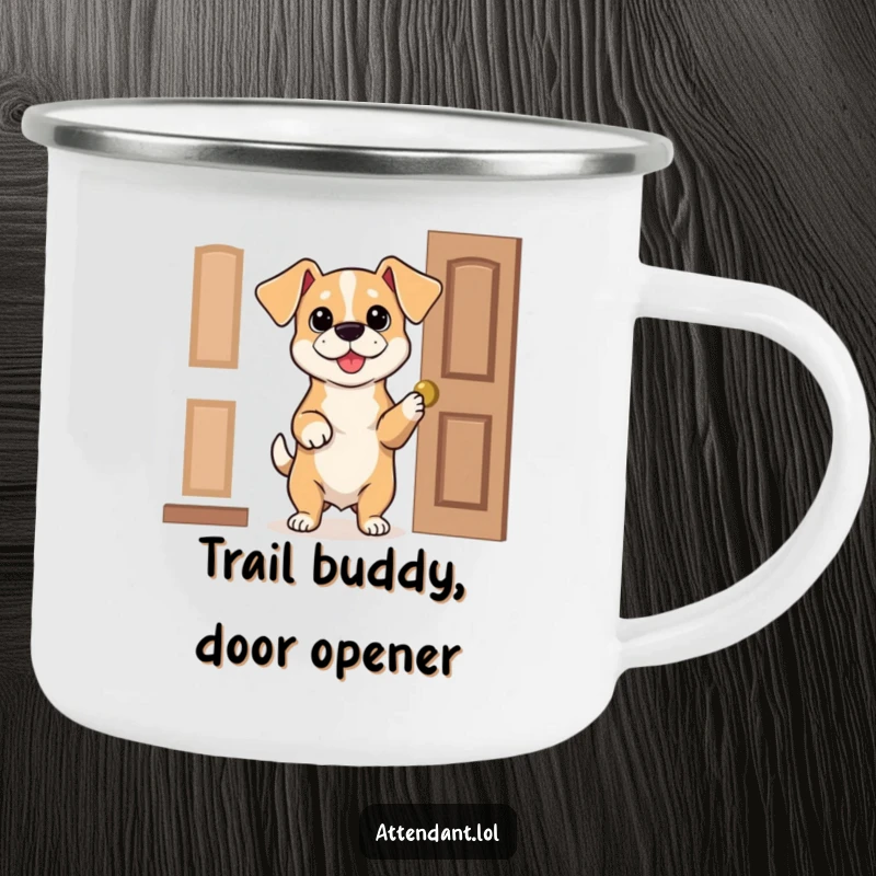 Funny Dog Camping Mug: A bouncy dog with floppy ears kindly holds a door open, perfect for humorous outdoor enjoyment.