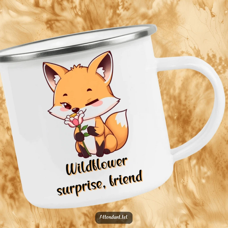 Funny Fox Camping Mug: A playful fox with a sly grin offers a flower, perfect for humorous outdoor enjoyment.