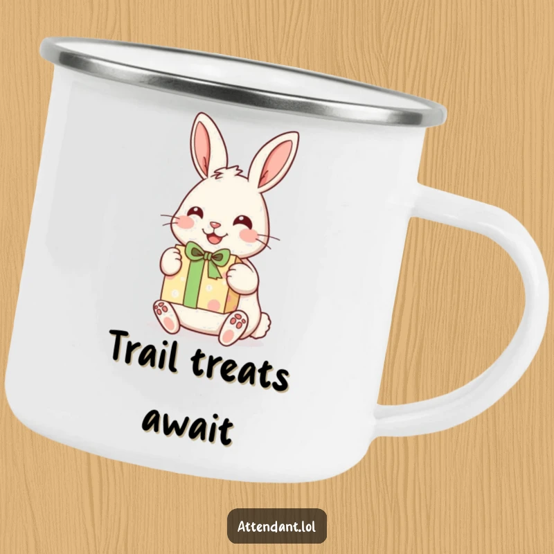Funny camping mug with a cheerful rabbit holding its ears up, presenting a beautifully wrapped gift.
