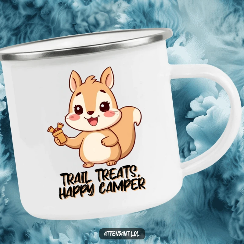 Funny Squirrel Camping Mug: A cheerful squirrel with a bright smile offers wrapped items, perfect for humorous outdoor enjoyment.