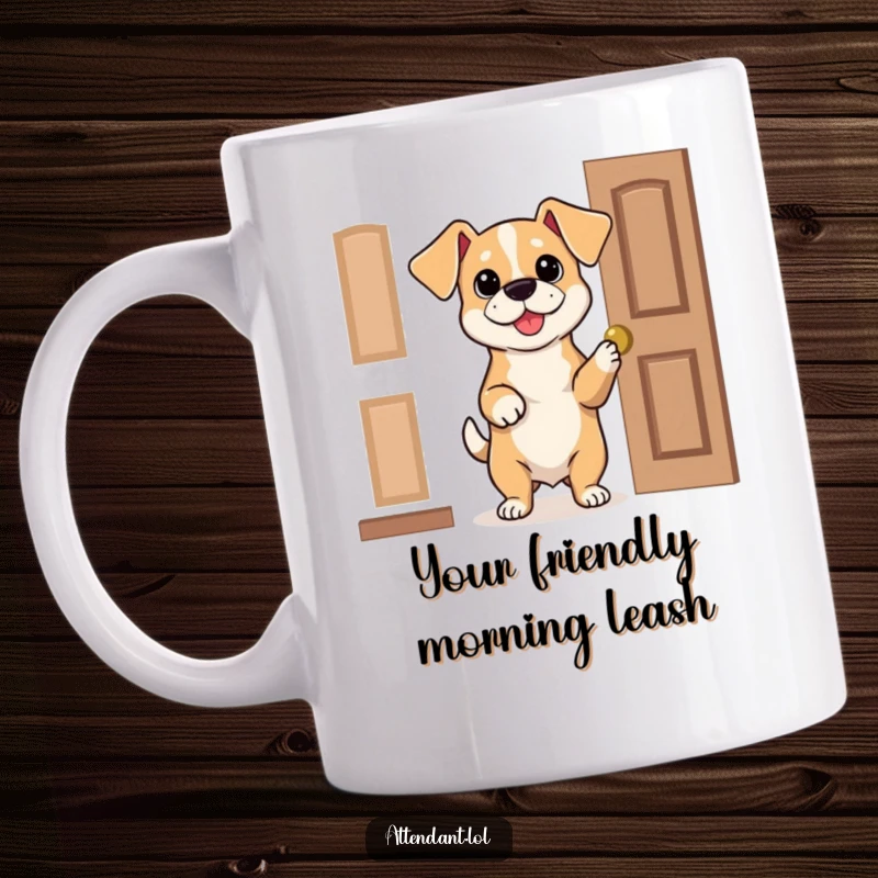 Funny Dog Mug: A bouncy dog with floppy ears politely holds open a door, offering a humorous and welcoming design.