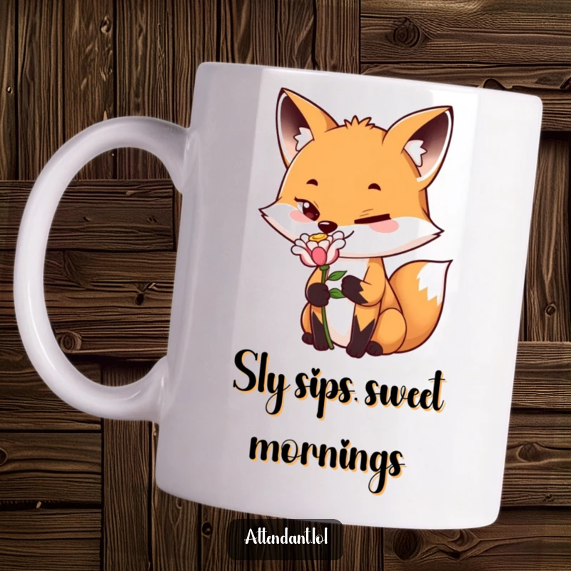 Funny Fox Mug: A playful fox with a sly grin offers a single, perfect flower, exuding charming humor and affection.