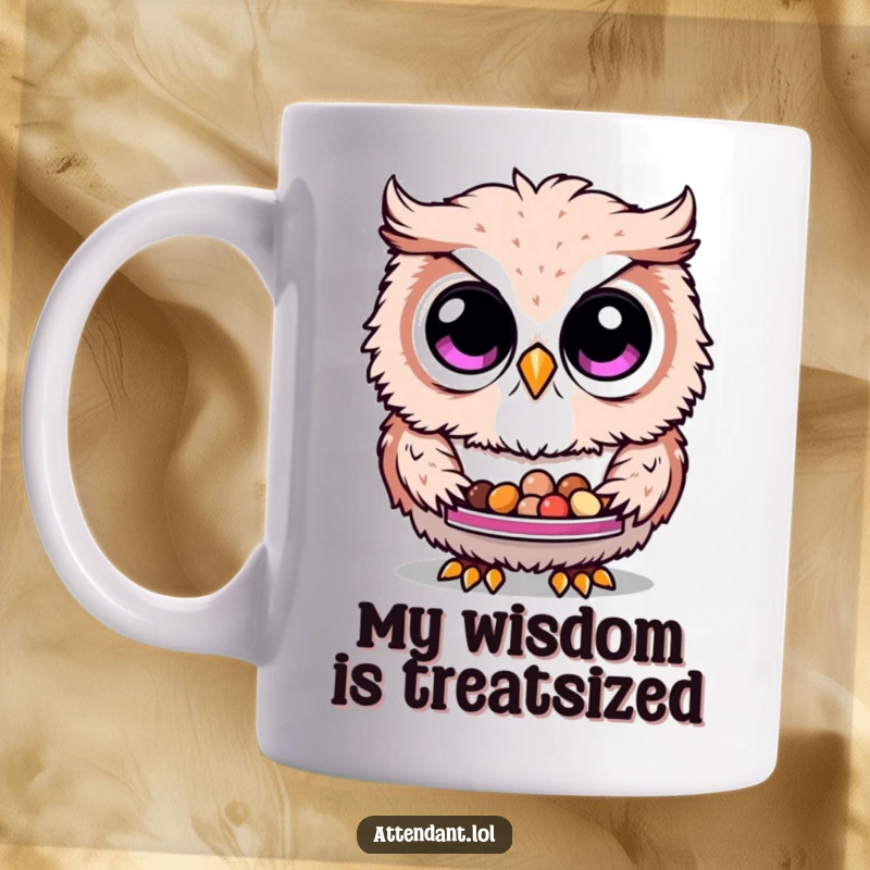 Funny Owl Mug: A fluffy owl with curious eyes politely offers a tray of tiny treats, making it a delightful and humorous gift.