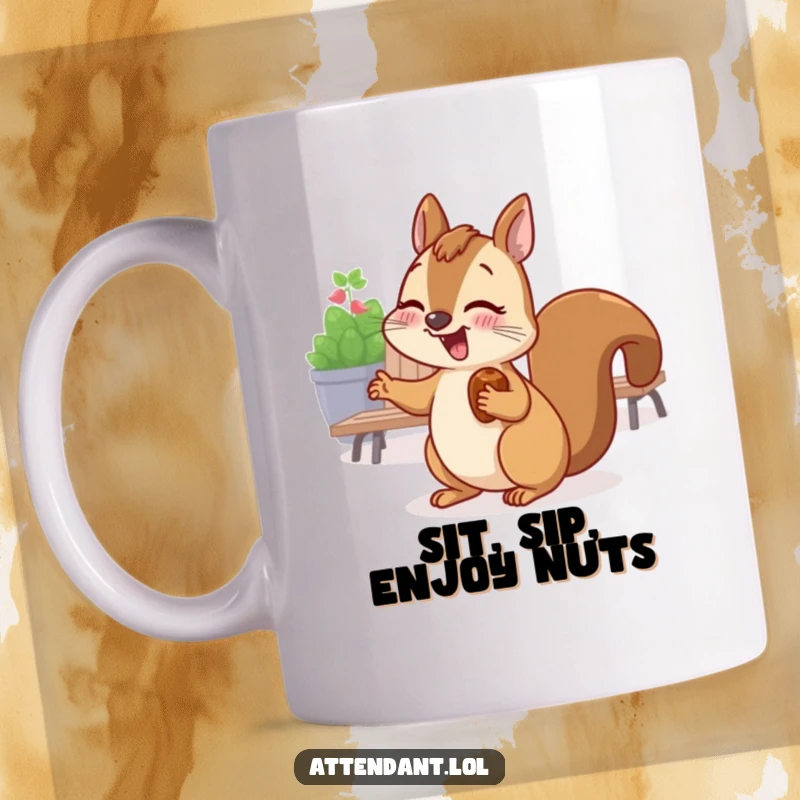 Funny squirrel mug with a giggling face, a nut in its cheek, gesturing towards a cozy seating area.