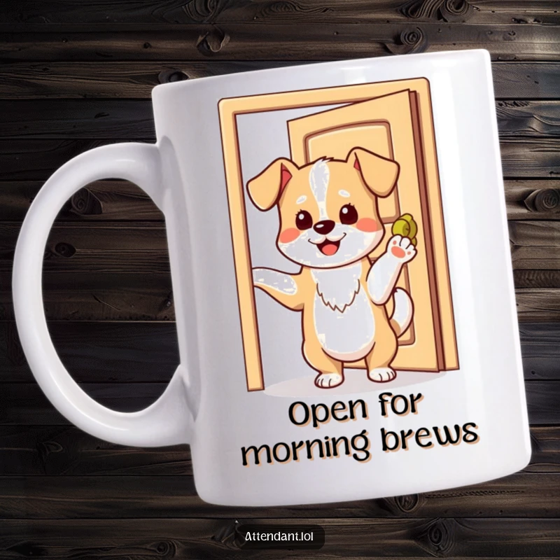 Funny dog mug with a playful pup wagging its tail, holding a door open invitingly with a paw.
