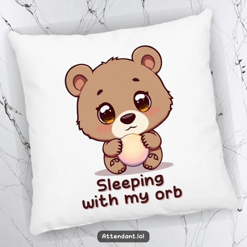 Funny Bear Cub Pillow: A curious bear cub with wide eyes guides a glowing orb, a soft and humorous decorative piece.
