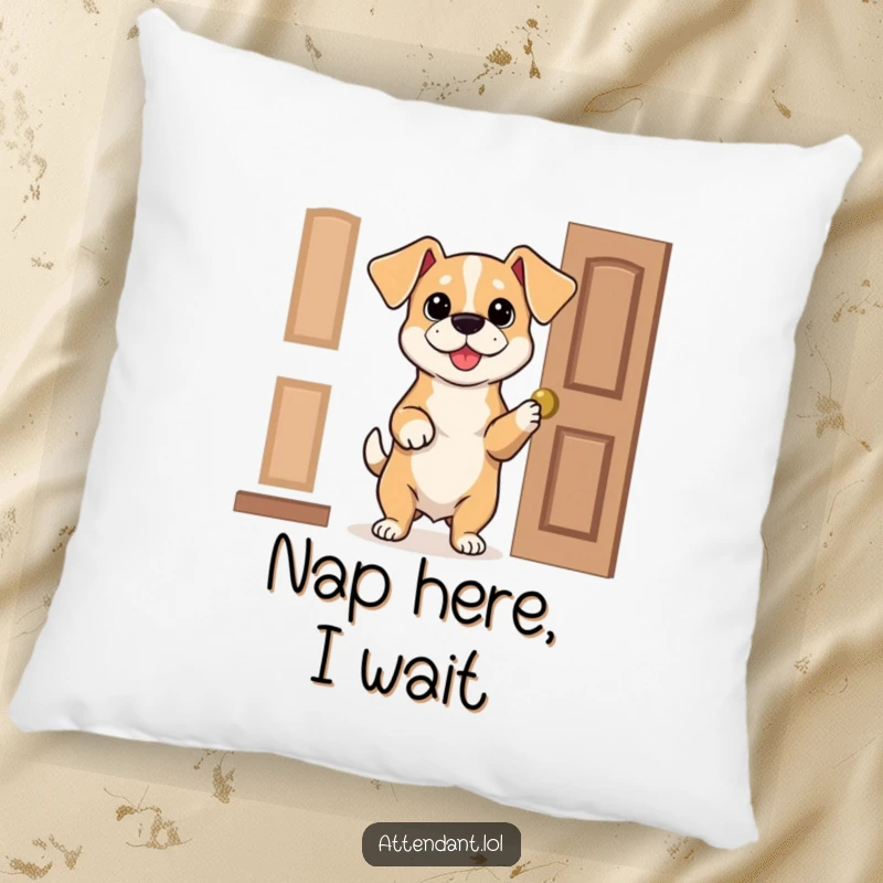 Funny Dog Pillow: A bouncy dog with floppy ears holds a door open, a soft and humorous decorative piece.