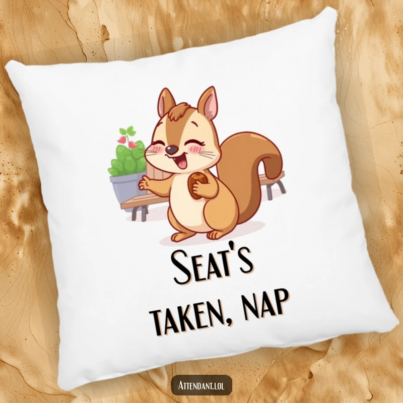 Funny pillow depicting a giggling squirrel with a nut in its cheek, gesturing towards a seating area.