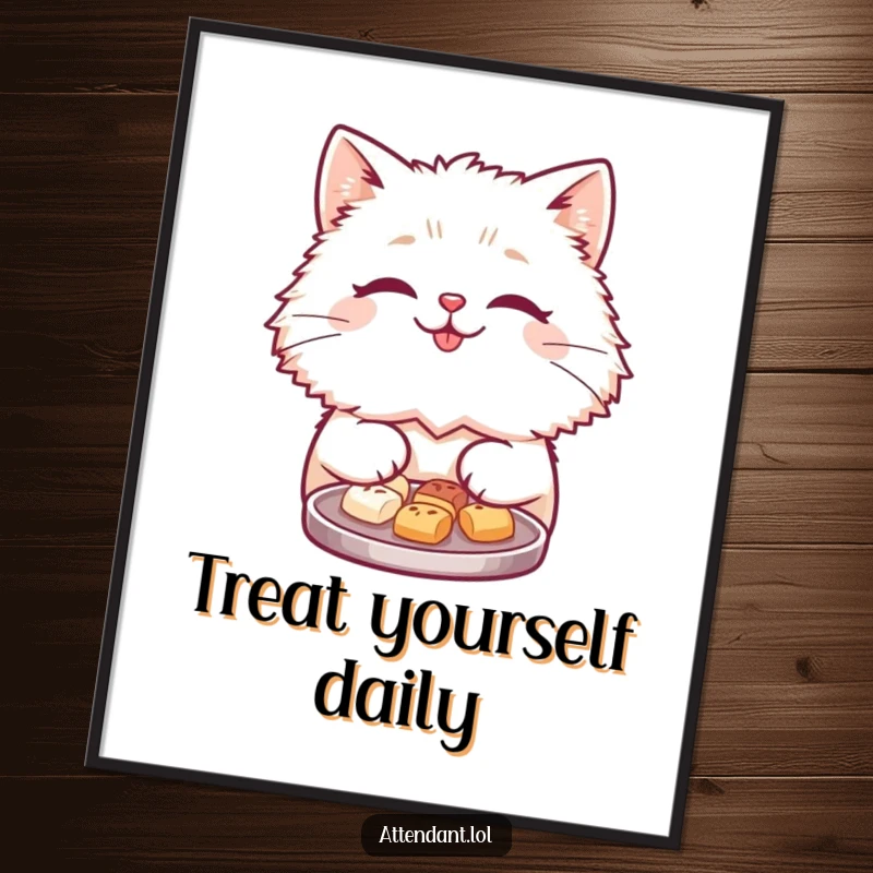 Funny digital art print of a cute, fluffy cat with a warm smile offering a tray full of tiny, appealing treats.
