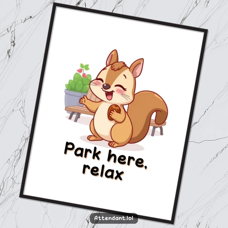 Funny digital art print of a giggling squirrel with a nut in its cheek, gesturing towards a seating area.