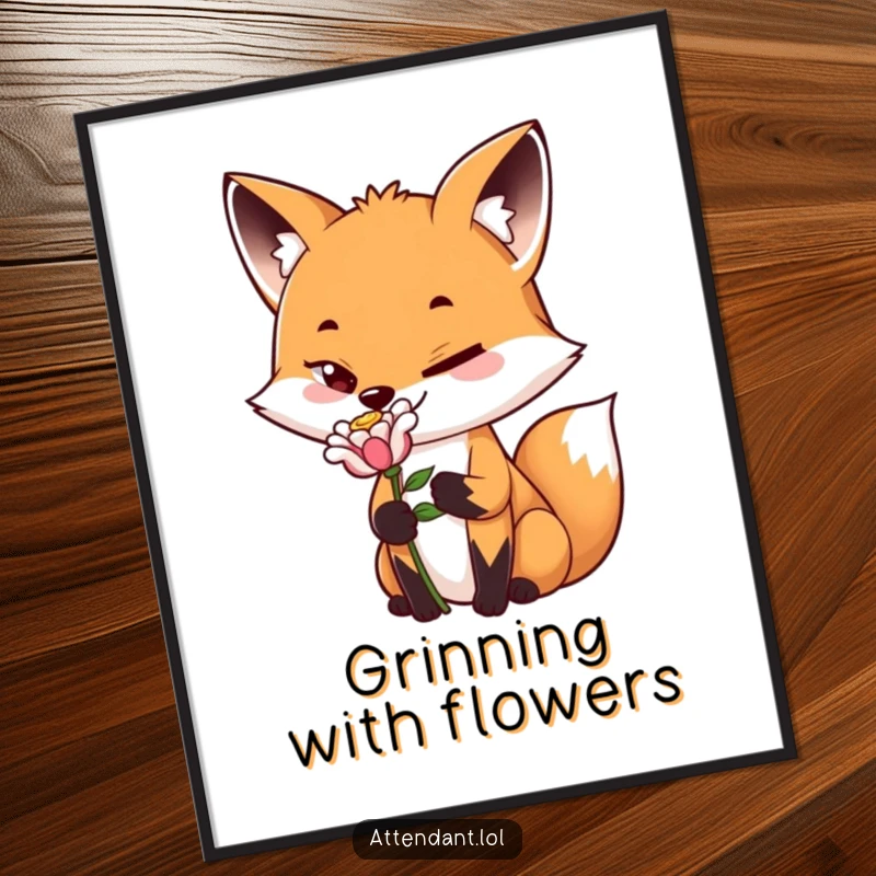 Funny Fox Digital Art Print: A playful fox with a sly grin offers a flower, an instant and humorous artwork.