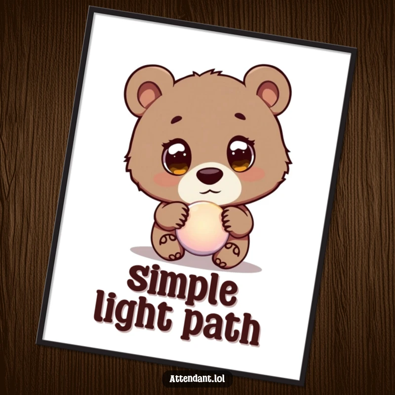 Funny Bear Cub Digital Art Print: A curious bear cub with wide eyes guides a glowing orb, an instant and humorous artwork.