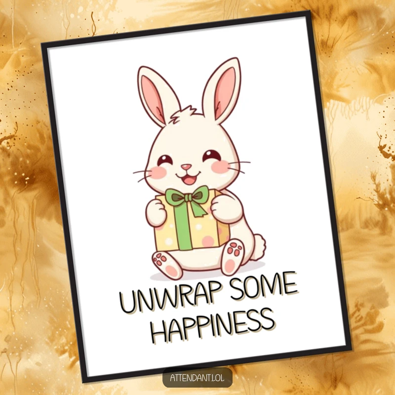 Funny digital art print of a cheerful rabbit with perked ears, presenting a beautifully wrapped gift.