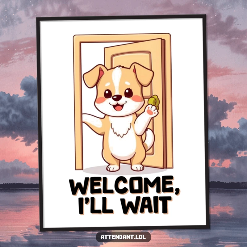 Funny digital art print of a playful dog with a wagging tail, holding an open door with its paw.