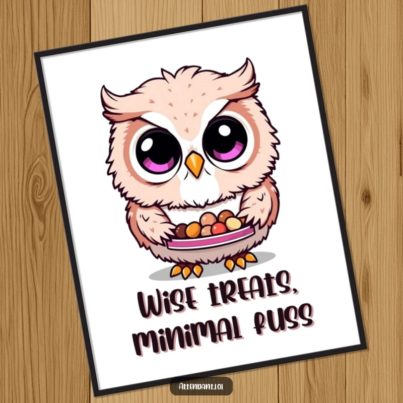 Funny Owl Digital Art Print: A fluffy owl with curious eyes holds a tray of tiny treats, an amusing and downloadable artwork.