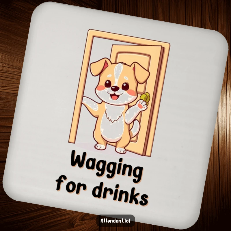 Funny drink coaster showing a playful dog holding a door open with its paw, tail wagging.