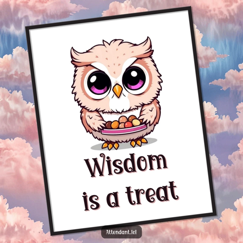 Funny Owl Poster: A fluffy owl with curious eyes holds a tray of small treats, perfect for adding whimsical humor to any wall.