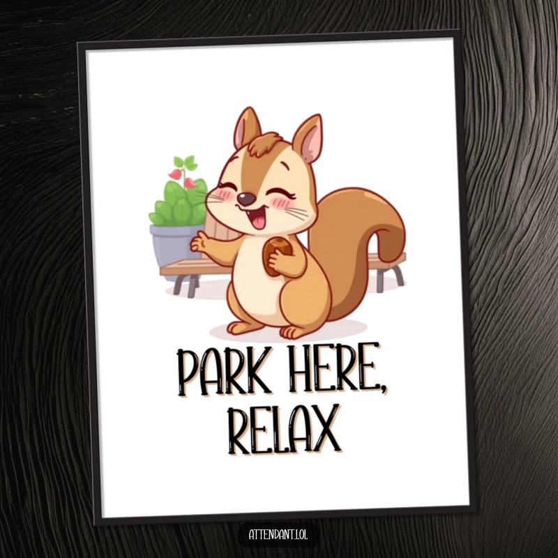 Funny poster featuring a giggling squirrel with a nut in its cheek, gesturing towards a seating area.
