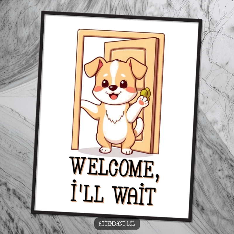 Funny poster featuring a playful dog with a wagging tail, holding an open door with its paw.