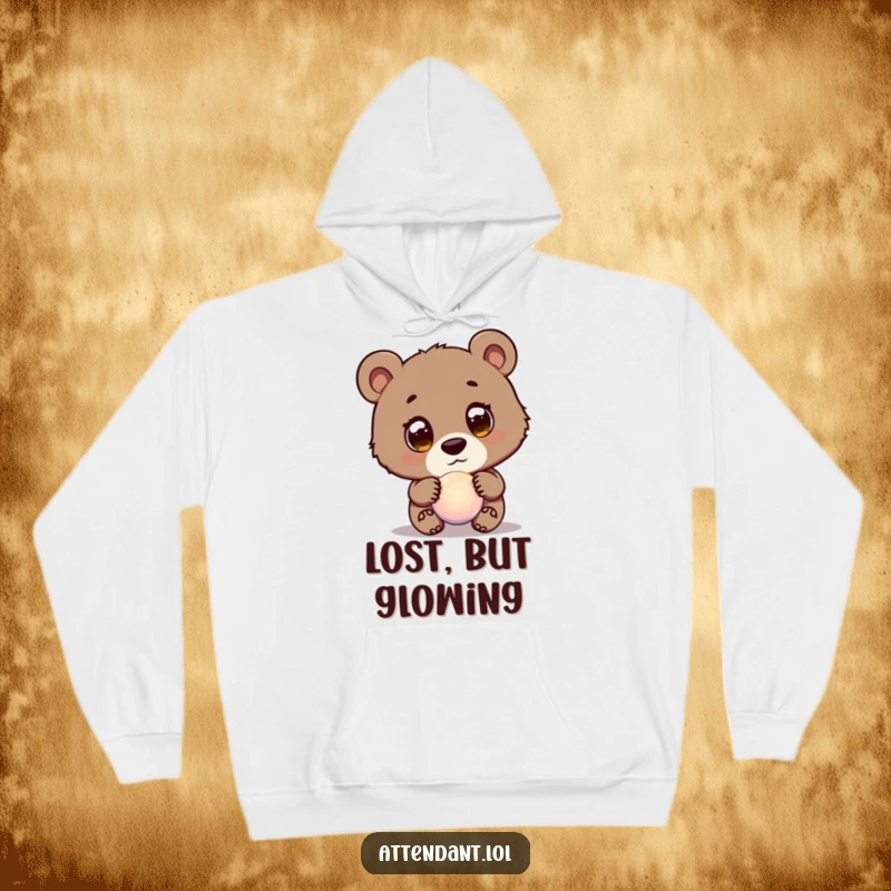 Funny Bear Cub Hoodie: A curious bear cub with innocent eyes guides a glowing orb, offering cozy magic and humor.