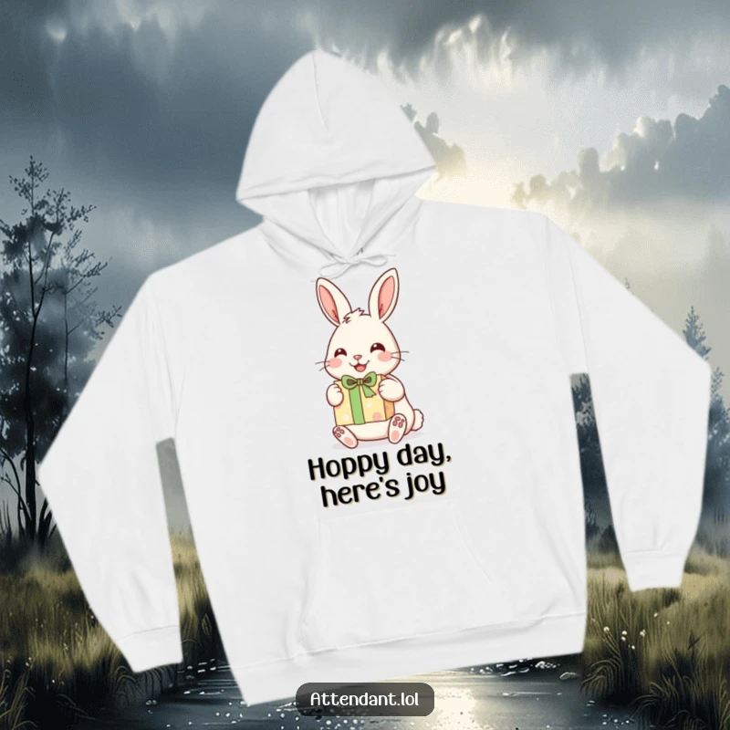 Funny hoodie showcasing a cheerful rabbit with its ears alert, holding and presenting a beautifully wrapped gift.