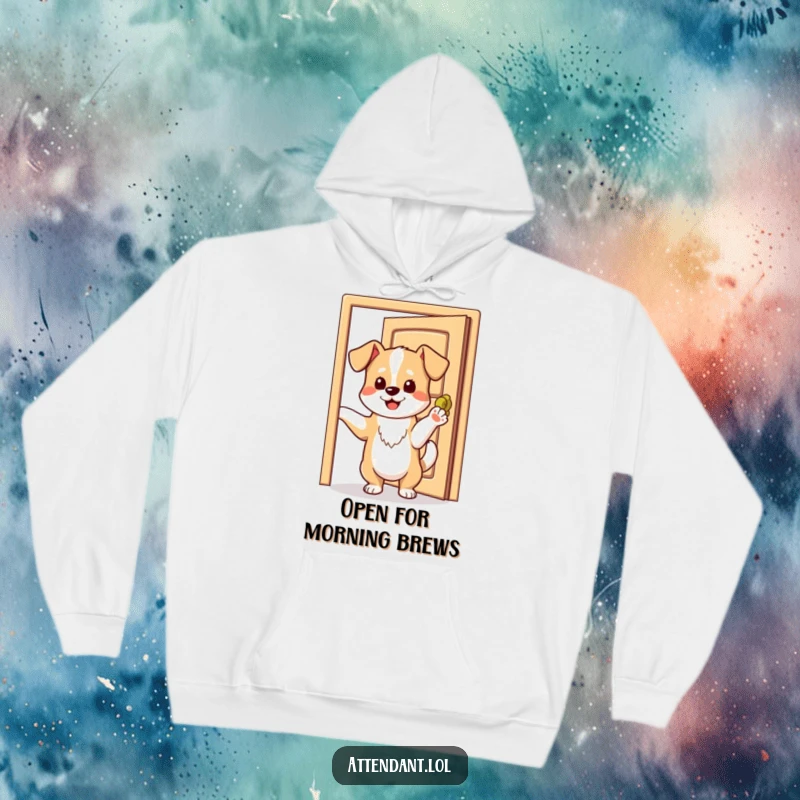 Funny hoodie showcasing a playful dog with a wagging tail, holding an open door with its paw.