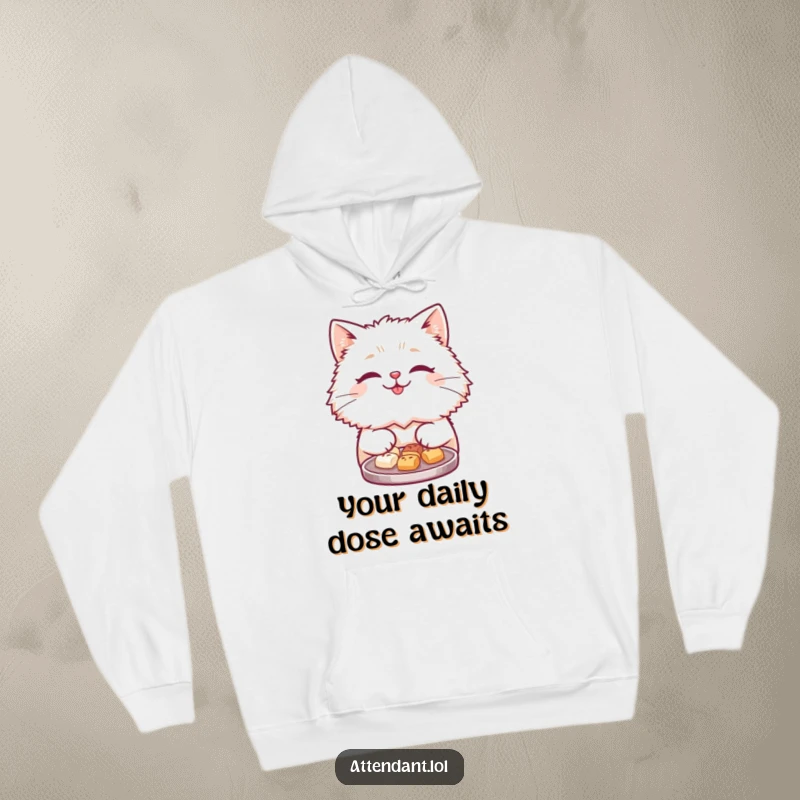 Funny hoodie showcasing a cuddly, fluffy cat with a friendly smile holding out a tray filled with tiny treats.