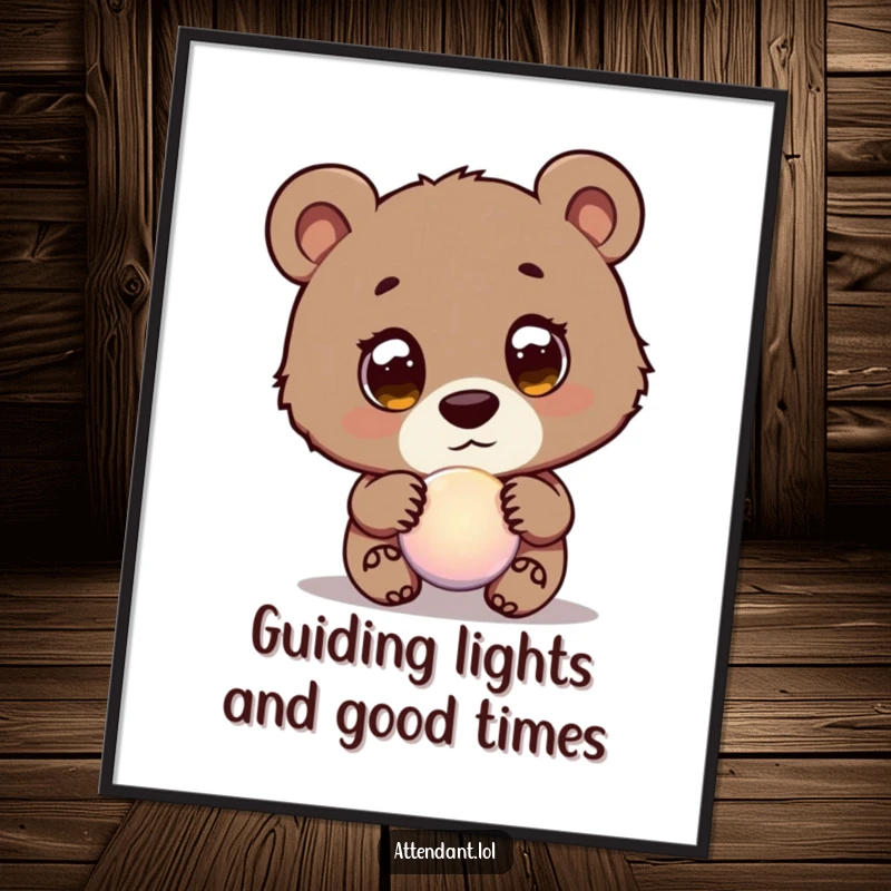 Funny Free Printable Bear Cub Wall Art: Curious bear cub with wide eyes guides a glowing orb, bringing enchantment to your decor.