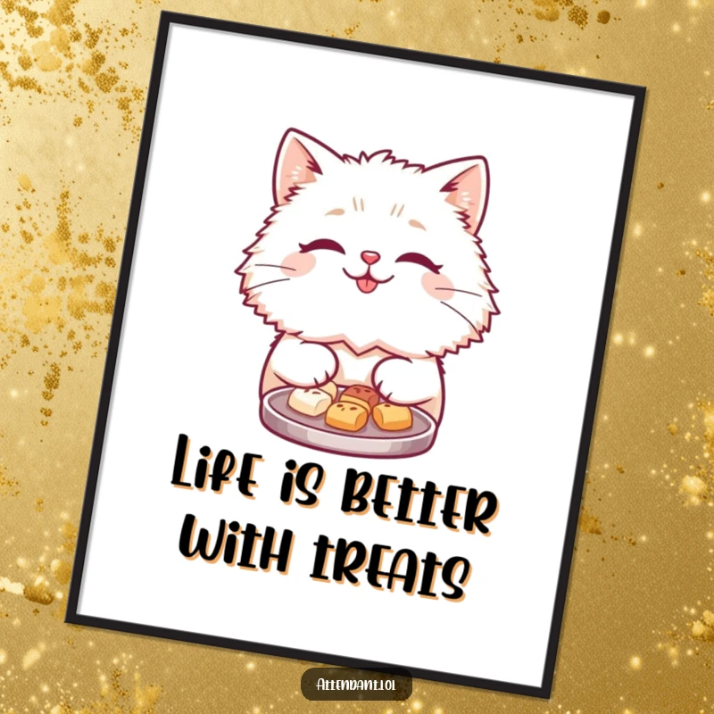 Funny Free Printable Wall Art: Cute fluffy cat with a friendly smile offers a tray of tiny treats, whimsical decor.