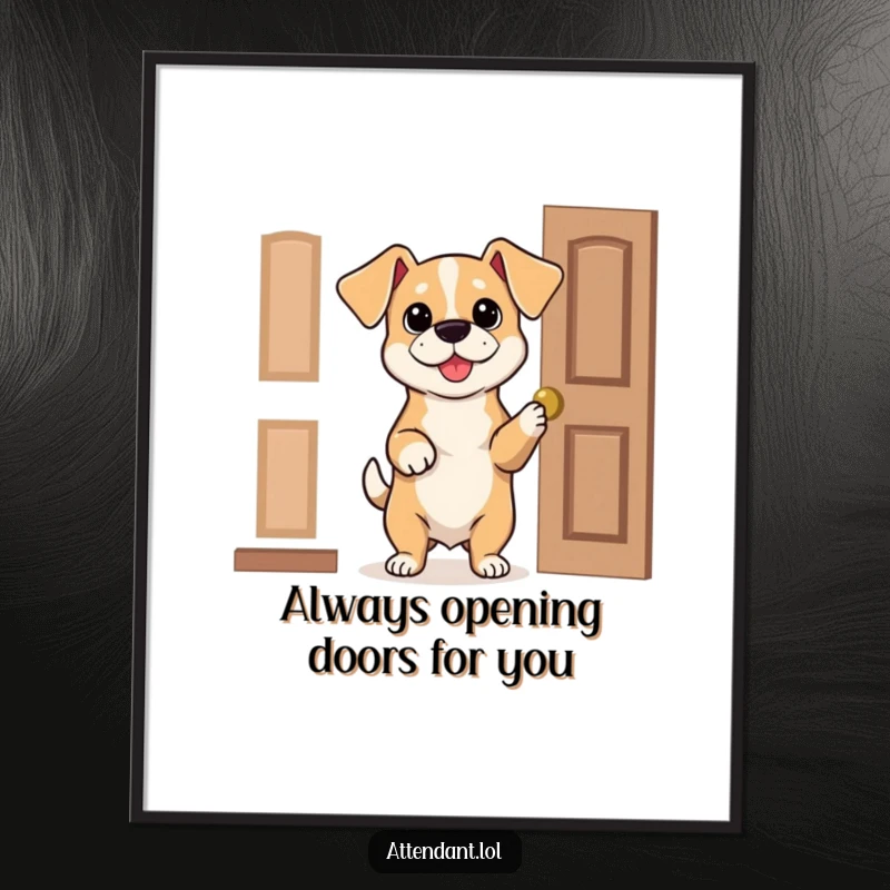 Funny Free Printable Dog Wall Art: Bouncy dog with floppy ears politely holds open a door, greeting guests with joy.