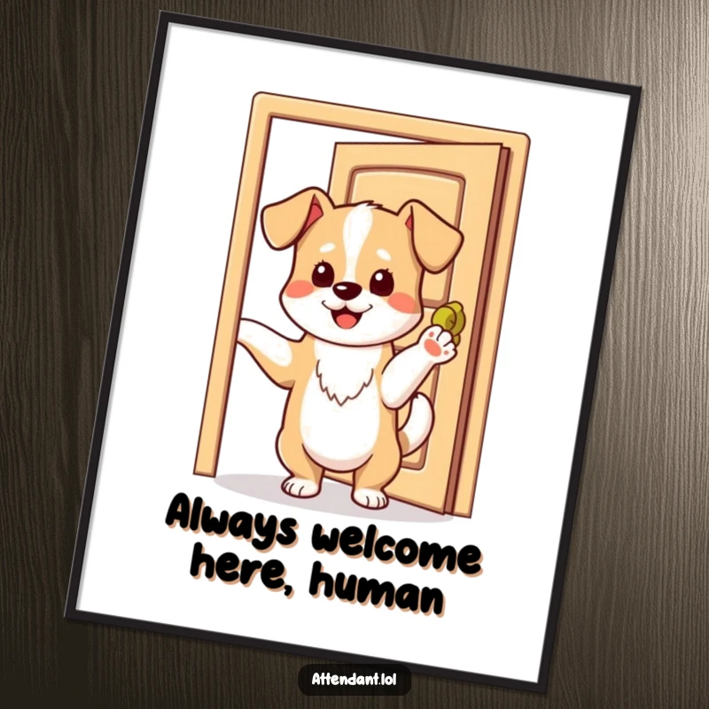 Funny Free Printable Wall Art: Playful dog with wagging tail holds a door open with its paw, inviting.