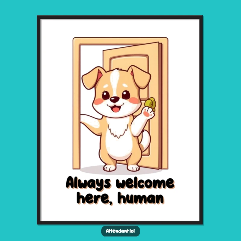 Free Printable Dog Wall Art: Playful Pup Opens Door, Funny Downloadable Decor