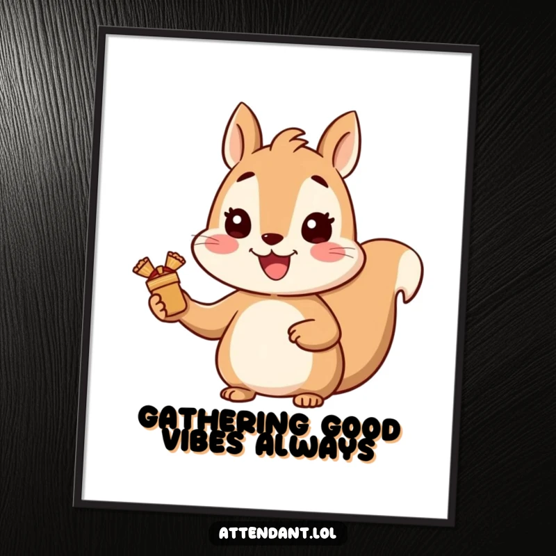 Funny Free Printable Squirrel Wall Art: Cheerful squirrel with a bright smile hands out small wrapped gifts, adding joy to your decor.