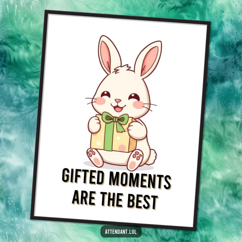 Funny Free Printable Wall Art: Cheerful rabbit with perked ears presents a beautifully wrapped gift, adorable decor.