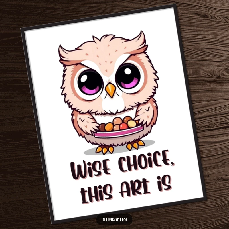 Funny Free Printable Owl Wall Art: Fluffy owl with large curious eyes offers a tray of tiny treats, bringing charm to your decor.