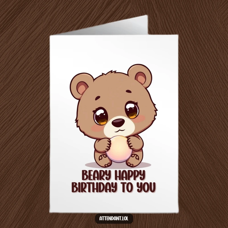 Funny Free Printable Bear Cub Birthday Card: Curious bear cub with wide eyes guides a glowing orb, bringing birthday wishes.