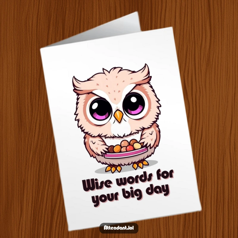 Funny Free Printable Owl Birthday Card: Fluffy owl with curious eyes offers a tray of tiny treats, ready to wish you a happy birthday.