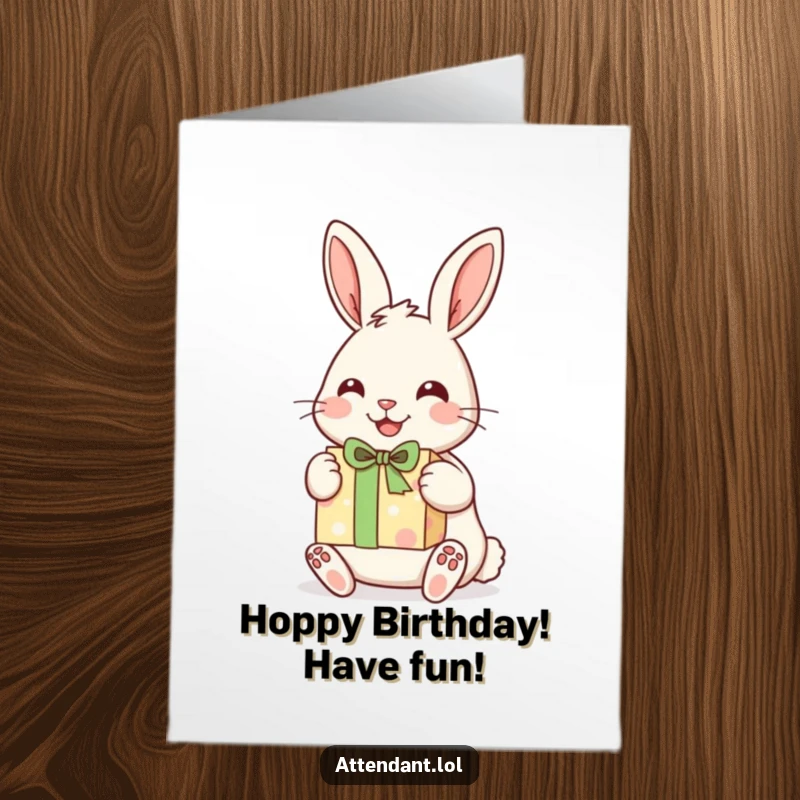 Funny Free Printable Birthday Card: Cheerful rabbit with perked ears presents a wrapped gift, a joyful DIY.